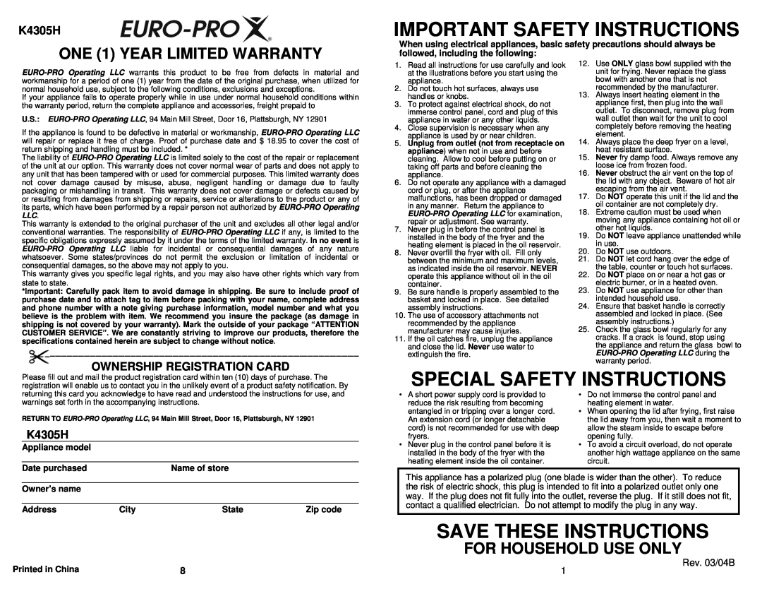 Bravetti K4305H Rev. 03/04B, Important Safety Instructions, Special Safety Instructions, Save These Instructions 