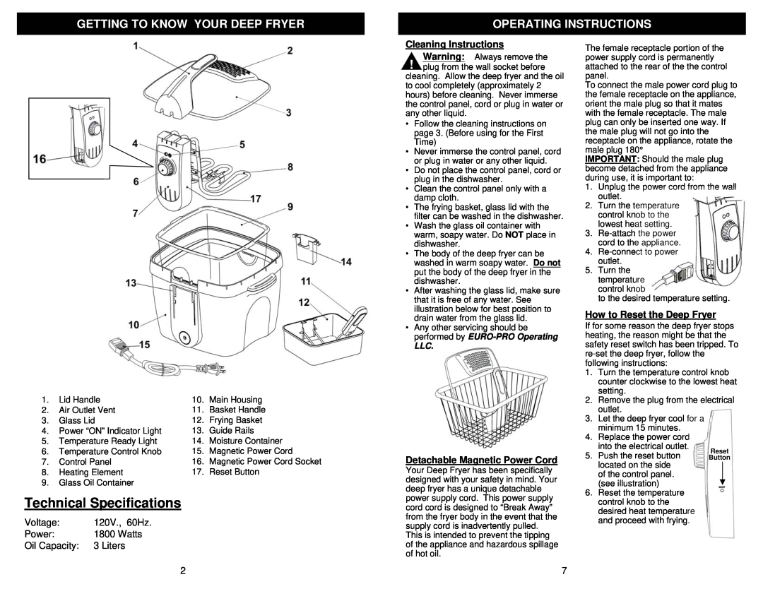Bravetti K4305H Technical Specifications, Getting To Know Your Deep Fryer, Operating Instructions, Voltage, 120V., 60Hz 