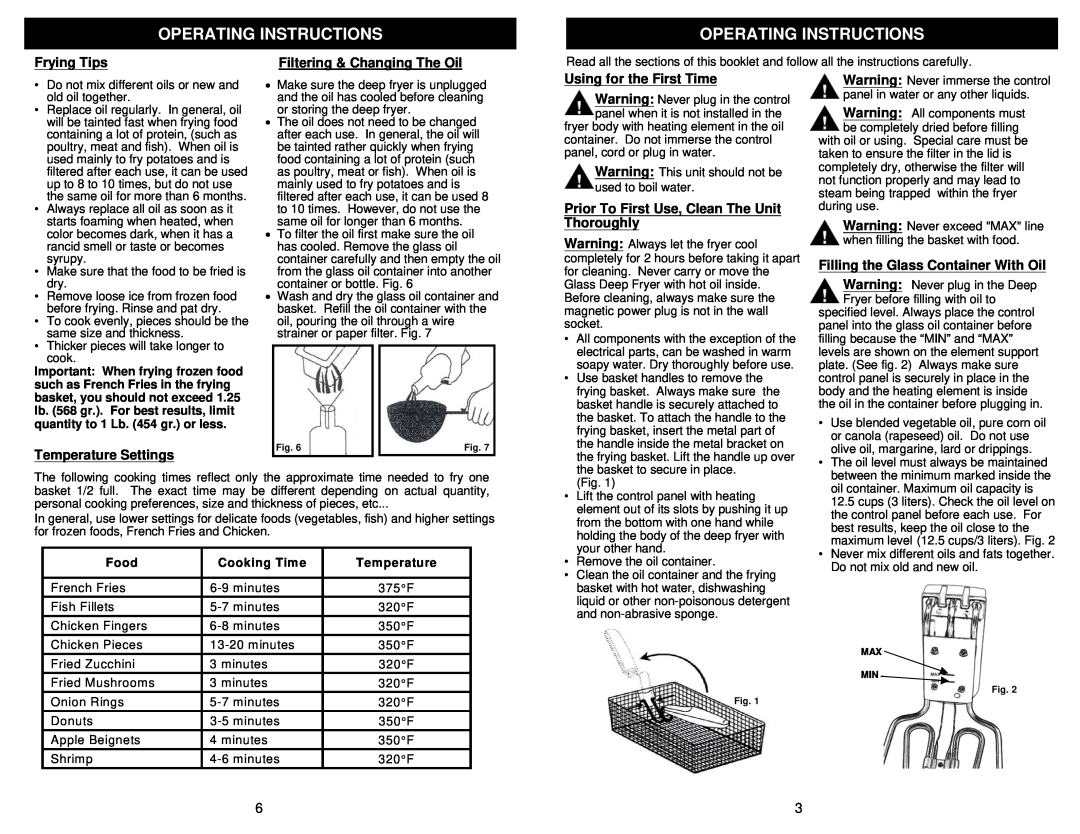 Bravetti K4305H owner manual Frying Tips, Filtering & Changing The Oil, Temperature Settings, Using for the First Time 