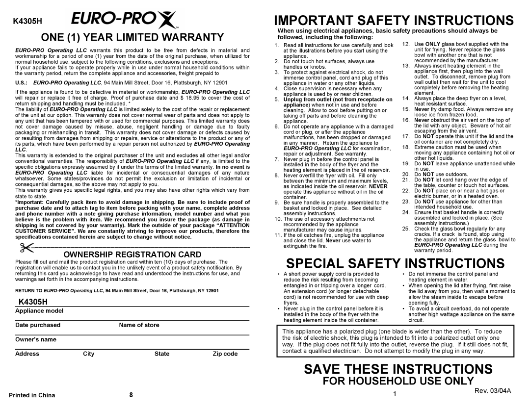 Bravetti K4305H Rev. 03/04A, Important Safety Instructions, Special Safety Instructions, Save These Instructions 