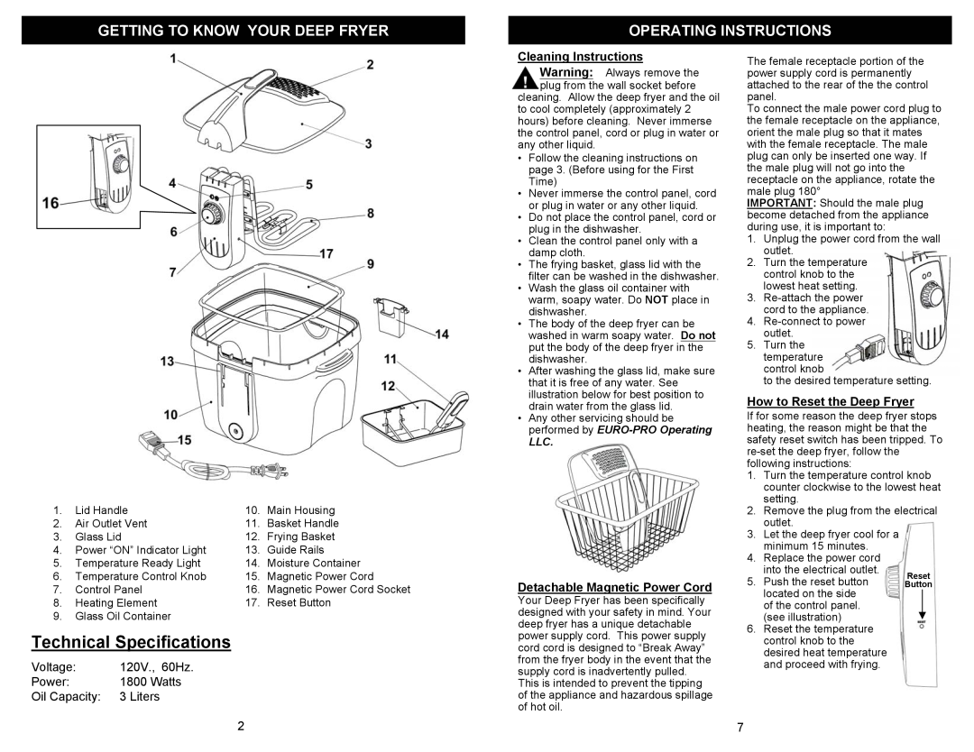 Bravetti K4305H Technical Specifications, Getting To Know Your Deep Fryer, Operating Instructions, Voltage, 120V., 60Hz 