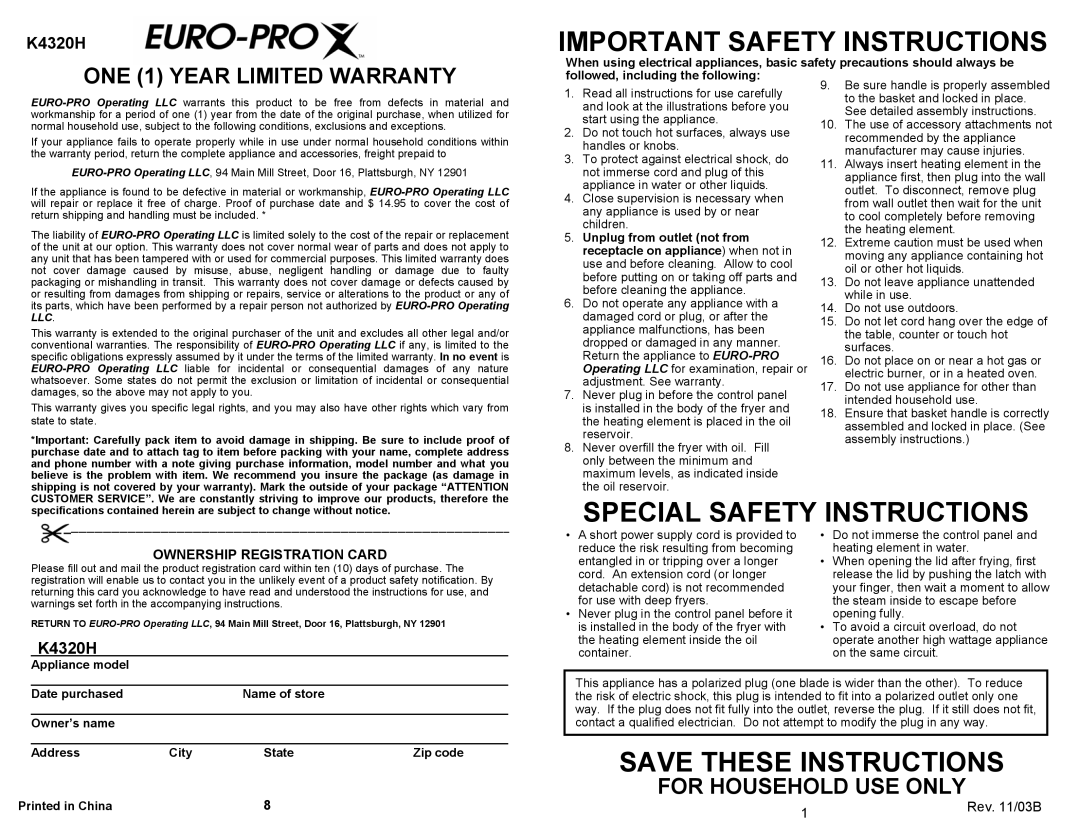 Bravetti K4320H owner manual Unplug from outlet not from, Receptacle on appliance when not, Appliance model 