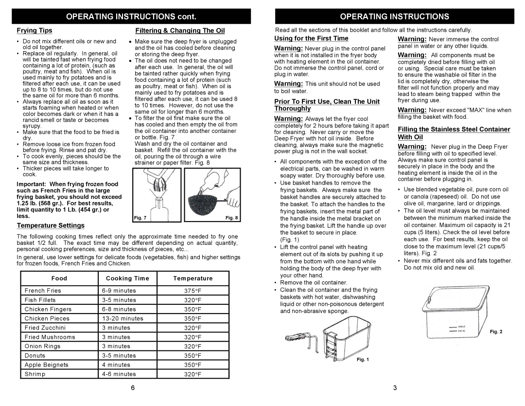 Bravetti K4320H owner manual Operating Instructions, Frying Tips Filtering & Changing The Oil, Temperature Settings 