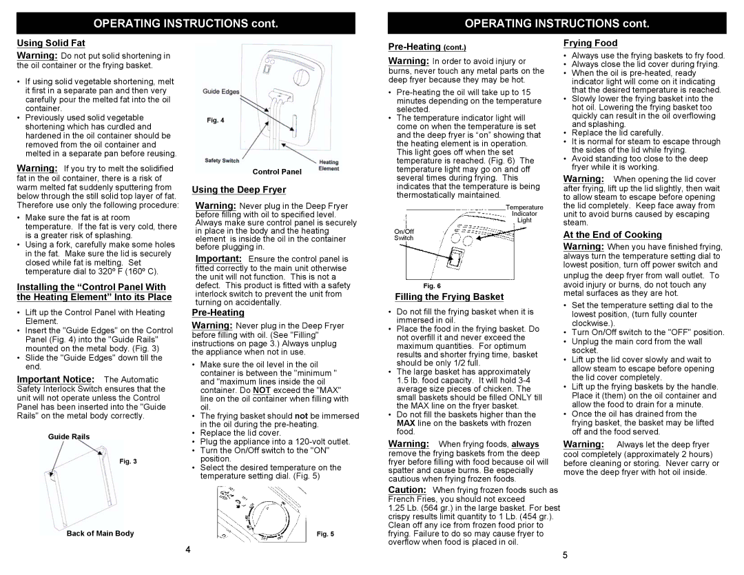 Bravetti K4320H owner manual Using Solid Fat, Using the Deep Fryer, Pre-Heating, Filling the Frying Basket, Frying Food 