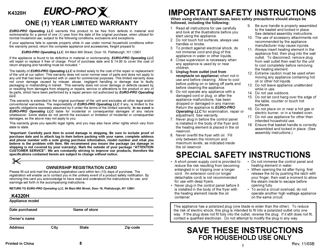 Bravetti K4320H Ownership Registration Card, Rev. 11/03B, Important Safety Instructions, Special Safety Instructions 
