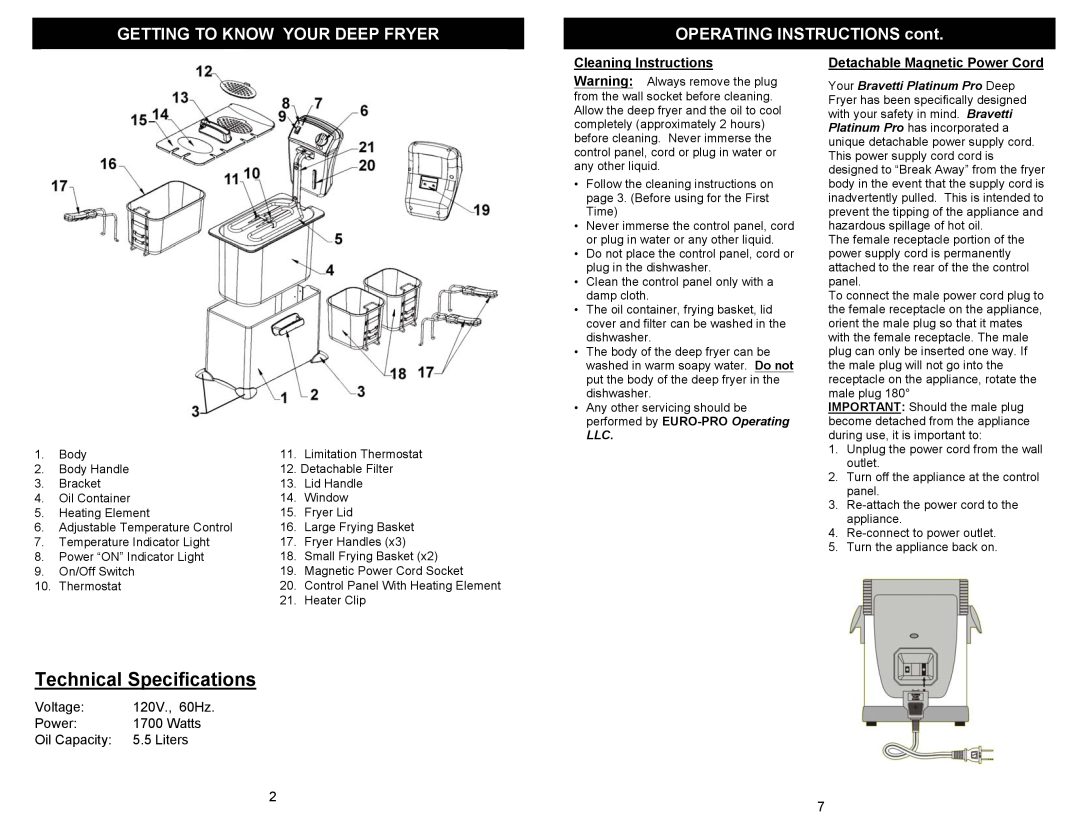 Bravetti K4320H Technical Specifications, Getting To Know Your Deep Fryer, OPERATING INSTRUCTIONS cont, Voltage, Power 