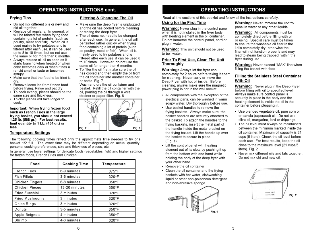 Bravetti K4320H owner manual Operating Instructions, Frying Tips, Filtering & Changing The Oil, Temperature Settings 