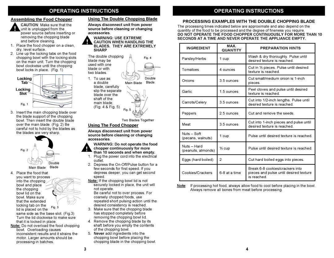 Bravetti K4702H owner manual Assembling the Food Chopper, Using The Double Chopping Blade, Using The Food Chopper 