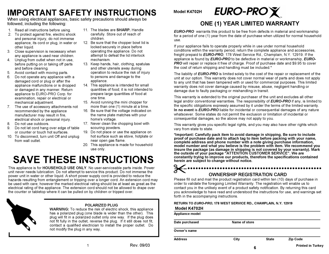 Bravetti Important Safety Instructions, ONE 1 YEAR LIMITED WARRANTY, Model K4702H, Rev. 09/03, Save These Instructions 