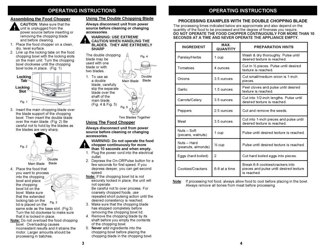 Bravetti K4702H owner manual Operating Instructions, Assembling the Food Chopper, Using The Double Chopping Blade 