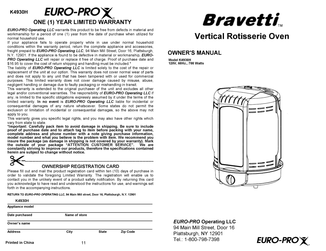 Bravetti K4930H owner manual Vertical Rotisserie Oven 