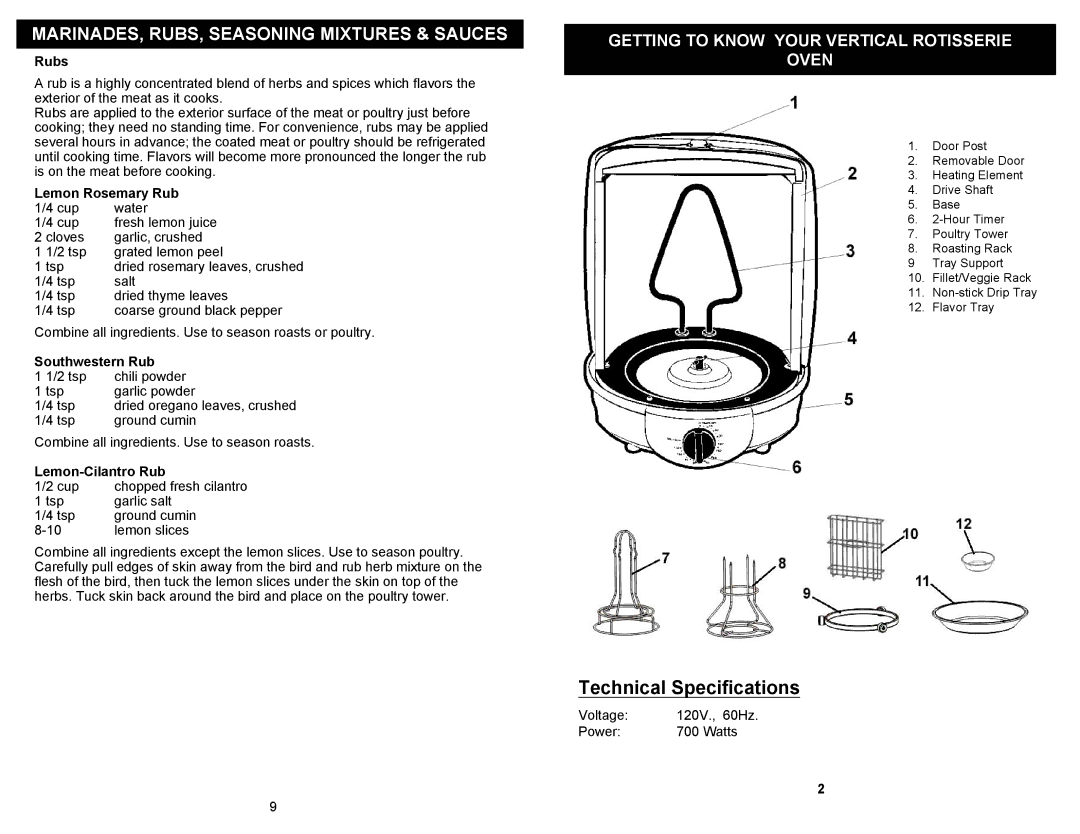 Bravetti K4930H owner manual Getting to Know Your Vertical Rotisserie Oven, Rubs, Lemon Rosemary Rub, Southwestern Rub 