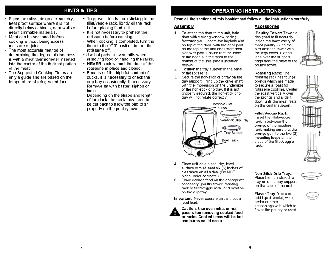 Bravetti K4930H owner manual Hints & Tips Operating Instructions, Assembly, Accessories 