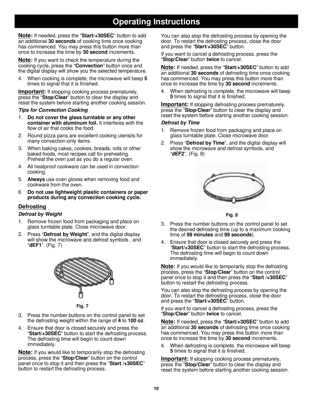 Bravetti K5309H owner manual Defrosting, Tips for Convection Cooking, Defrost by Weight, Defrost by Time 