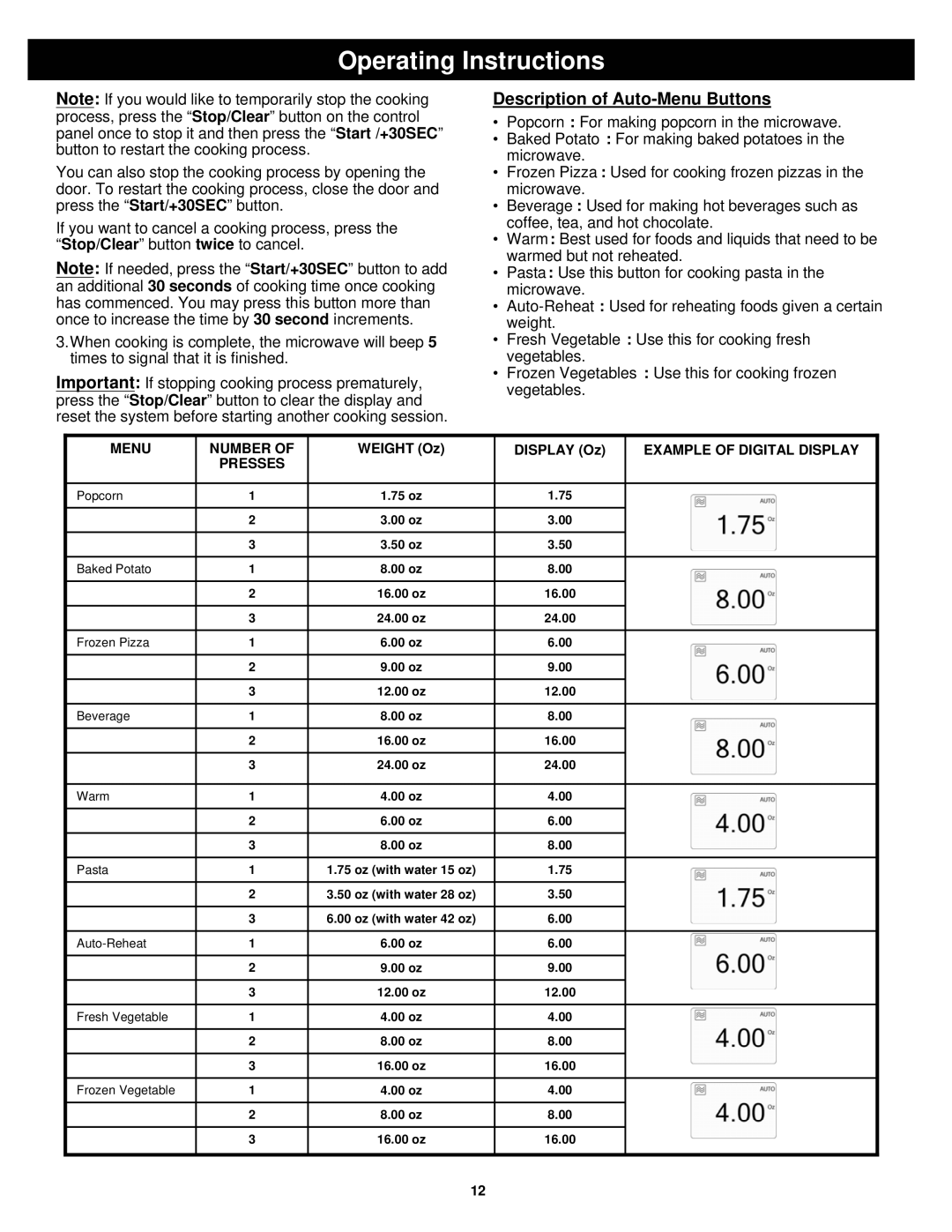 Bravetti K5309H owner manual Description of Auto-Menu Buttons, Presses 