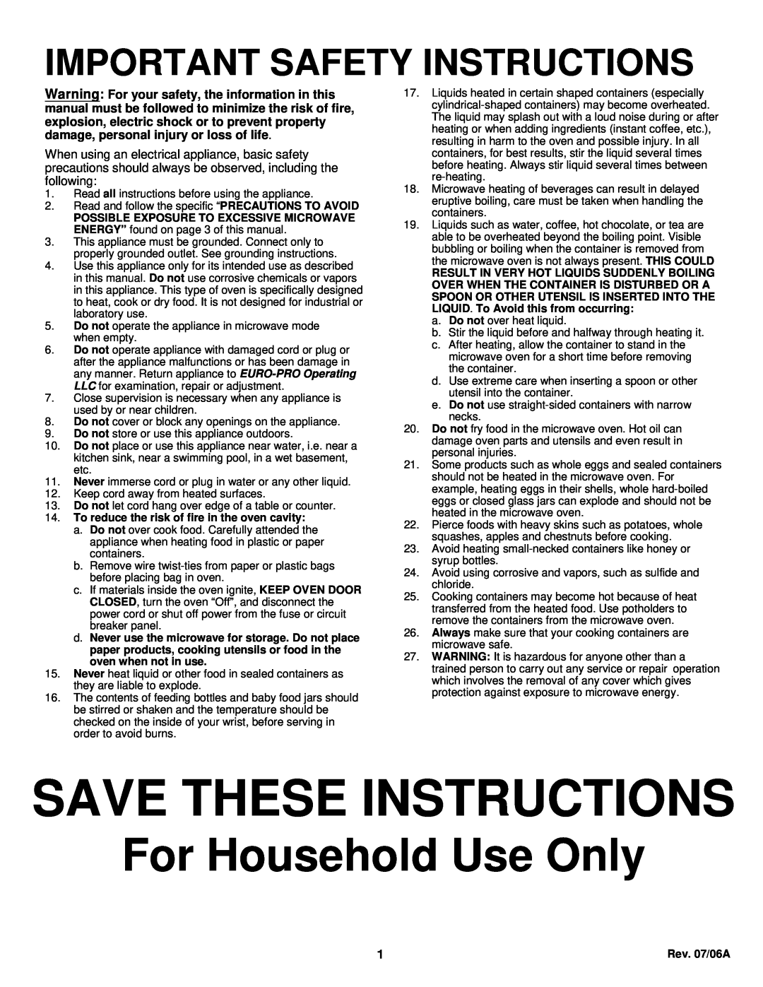 Bravetti K5309H owner manual Save These Instructions, For Household Use Only, Important Safety Instructions 
