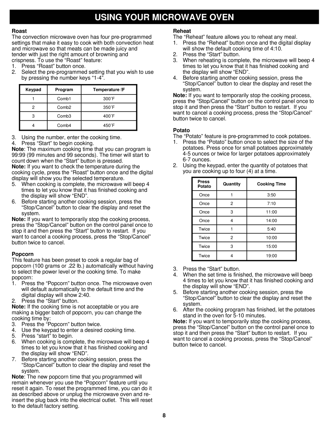 Bravetti K5345H owner manual Keypad Program Temperature ˚F, Press Quantity Cooking Time 