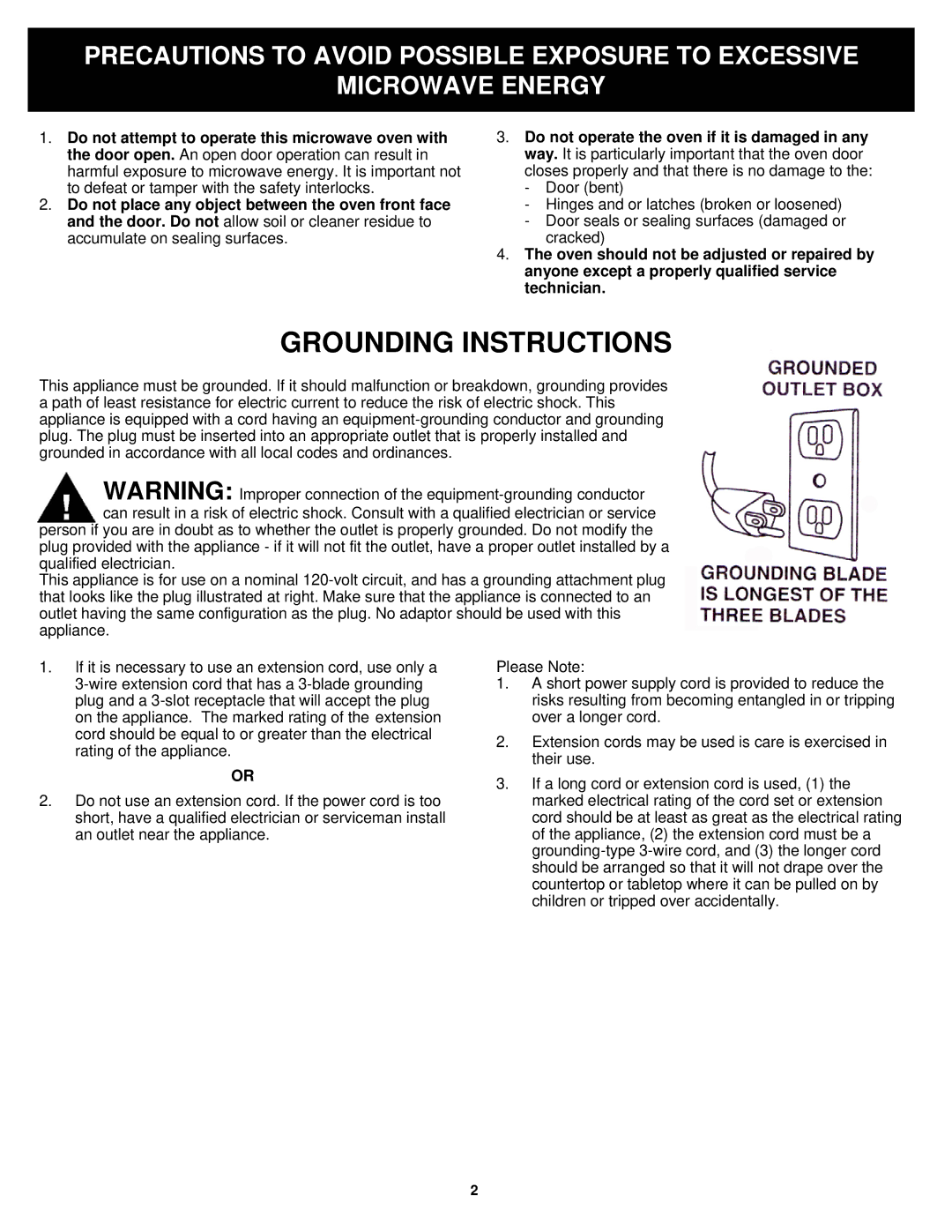 Bravetti K5345H owner manual Grounding Instructions 