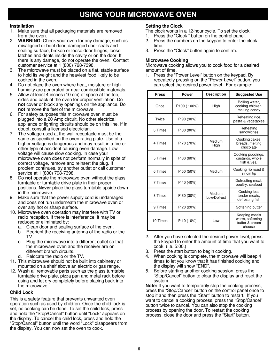 Bravetti K5345H Installation, Child Lock, Setting the Clock, Microwave Cooking, Press Power Description Suggested Use 