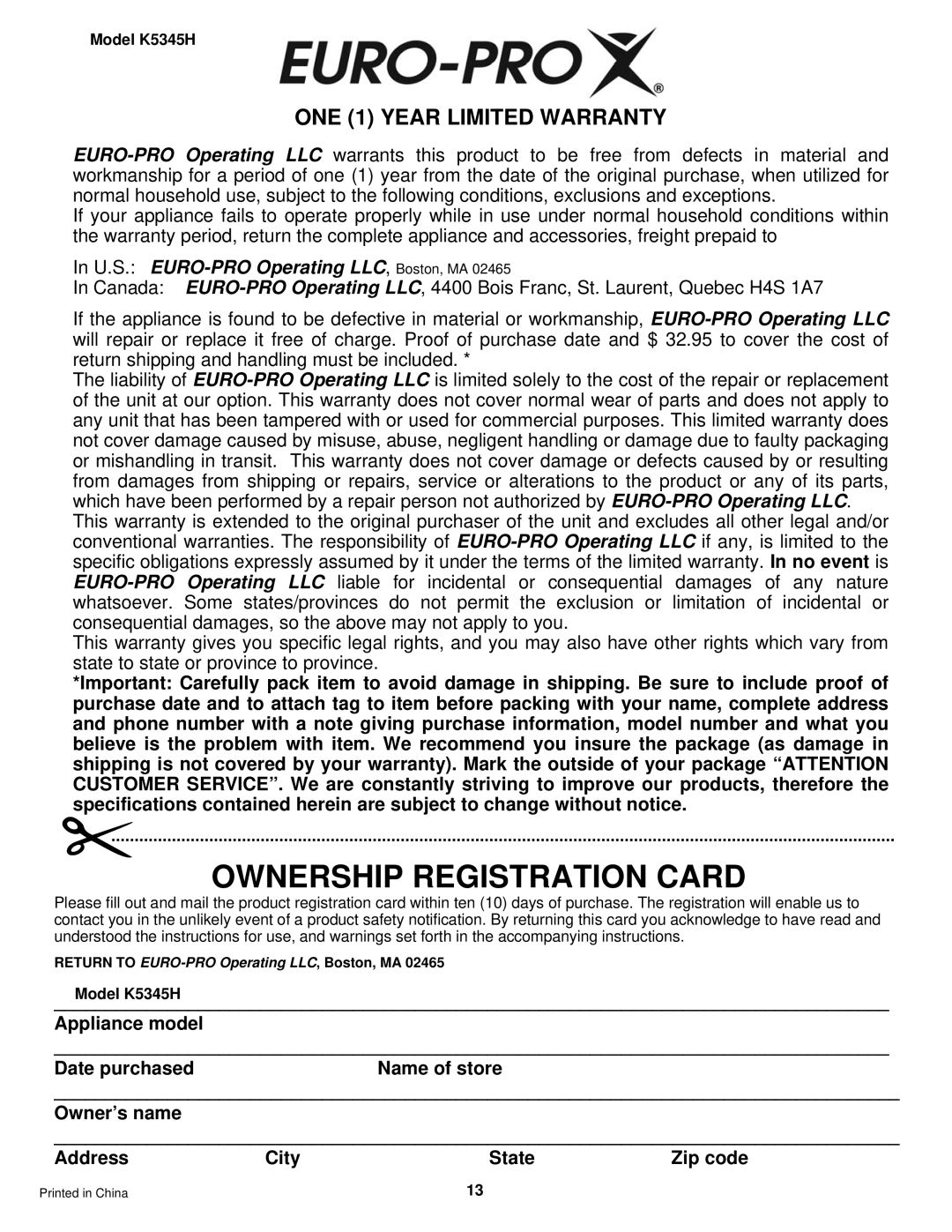 Bravetti K5345H Ownership Registration Card, ONE 1 YEAR LIMITED WARRANTY, In U.S. EURO-PROOperating LLC, Boston, MA 