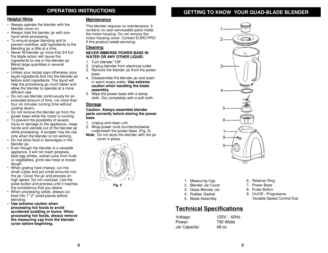 Bravetti KB305H Helpful Hints, Maintenance, Cleaning, Storage, Never Immerse Power Base in Water or ANY Other Liquid 