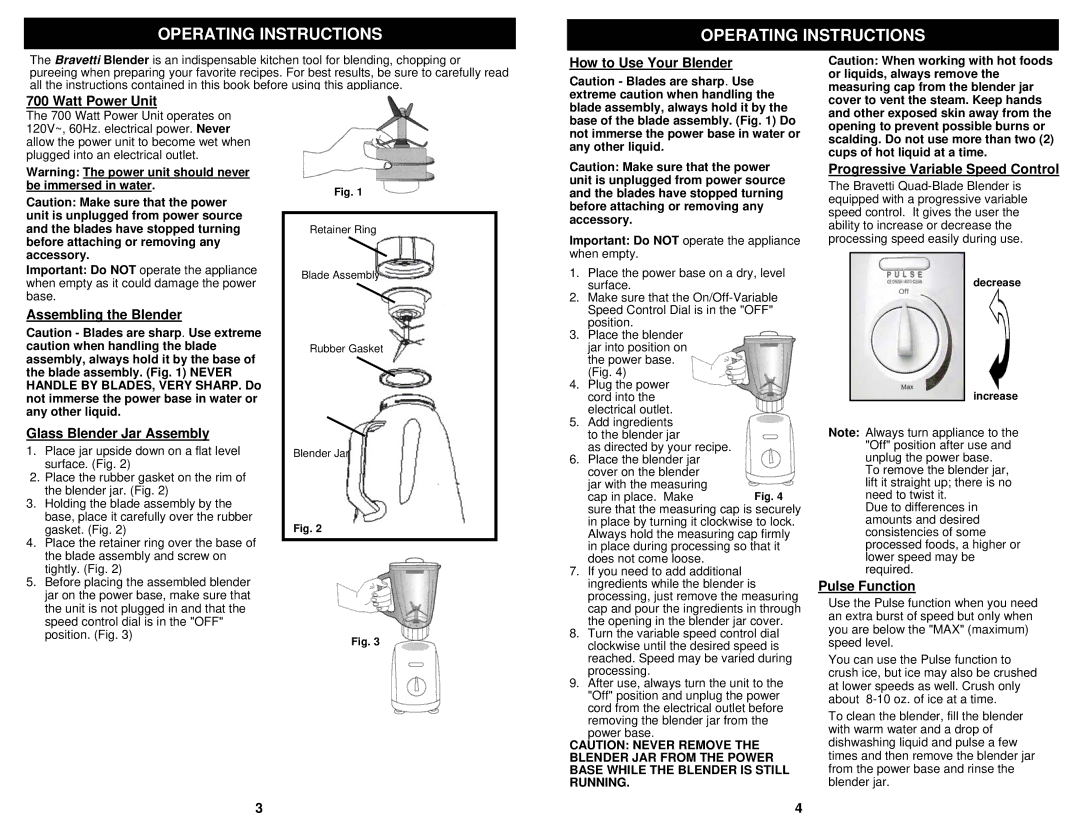 Bravetti KB305H How to Use Your Blender Watt Power Unit, Assembling the Blender Glass Blender Jar Assembly, Pulse Function 