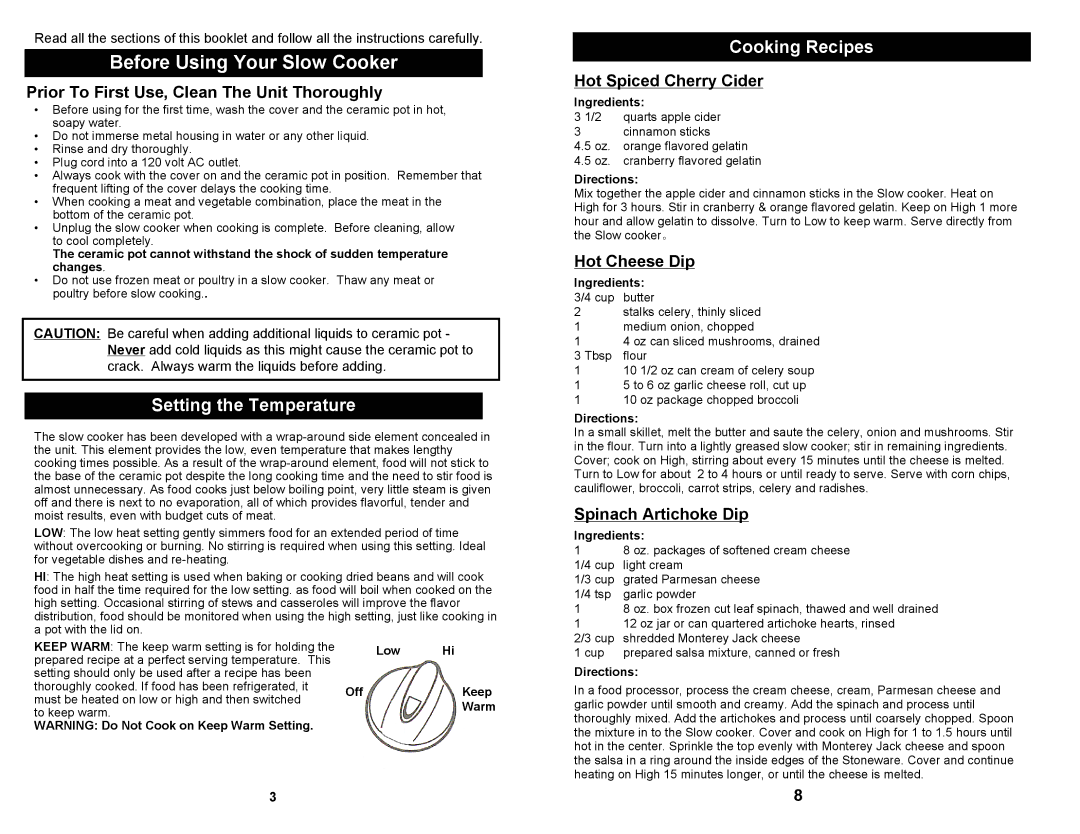 Bravetti KC255H owner manual Setting the Temperature, Cooking Recipes 