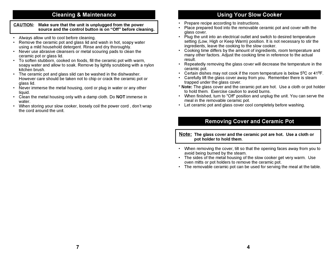 Bravetti KC255H owner manual Cleaning & Maintenance, Using Your Slow Cooker, Removing Cover and Ceramic Pot 