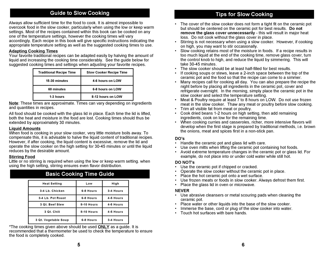 Bravetti KC255H owner manual Guide to Slow Cooking, Basic Cooking Time Guide, Tips for Slow Cooking 