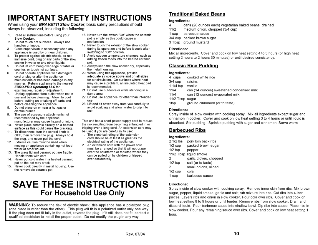 Bravetti KC255H owner manual Save These Instructions, Traditional Baked Beans, Classic Rice Pudding, Barbecued Ribs 