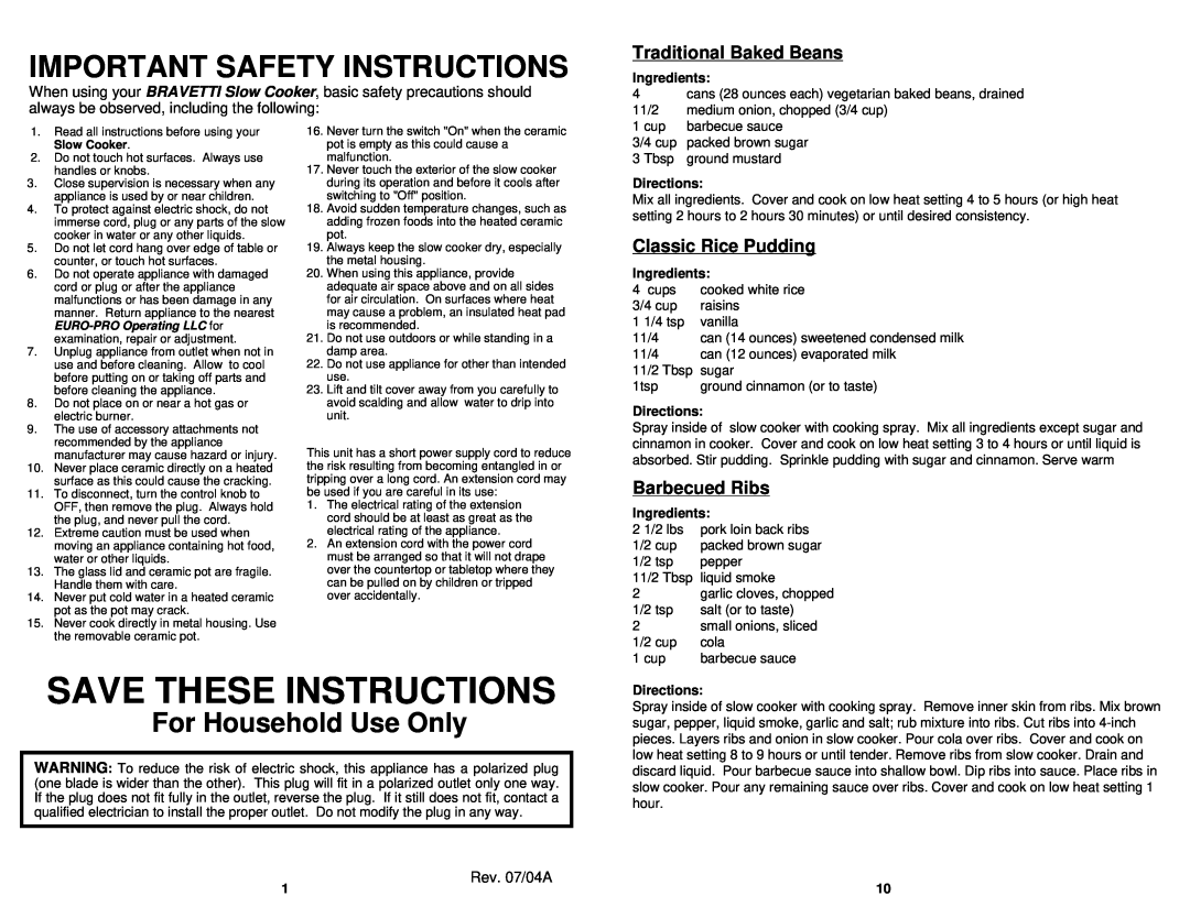 Bravetti KC255H owner manual Save These Instructions, Traditional Baked Beans, Classic Rice Pudding, Barbecued Ribs 