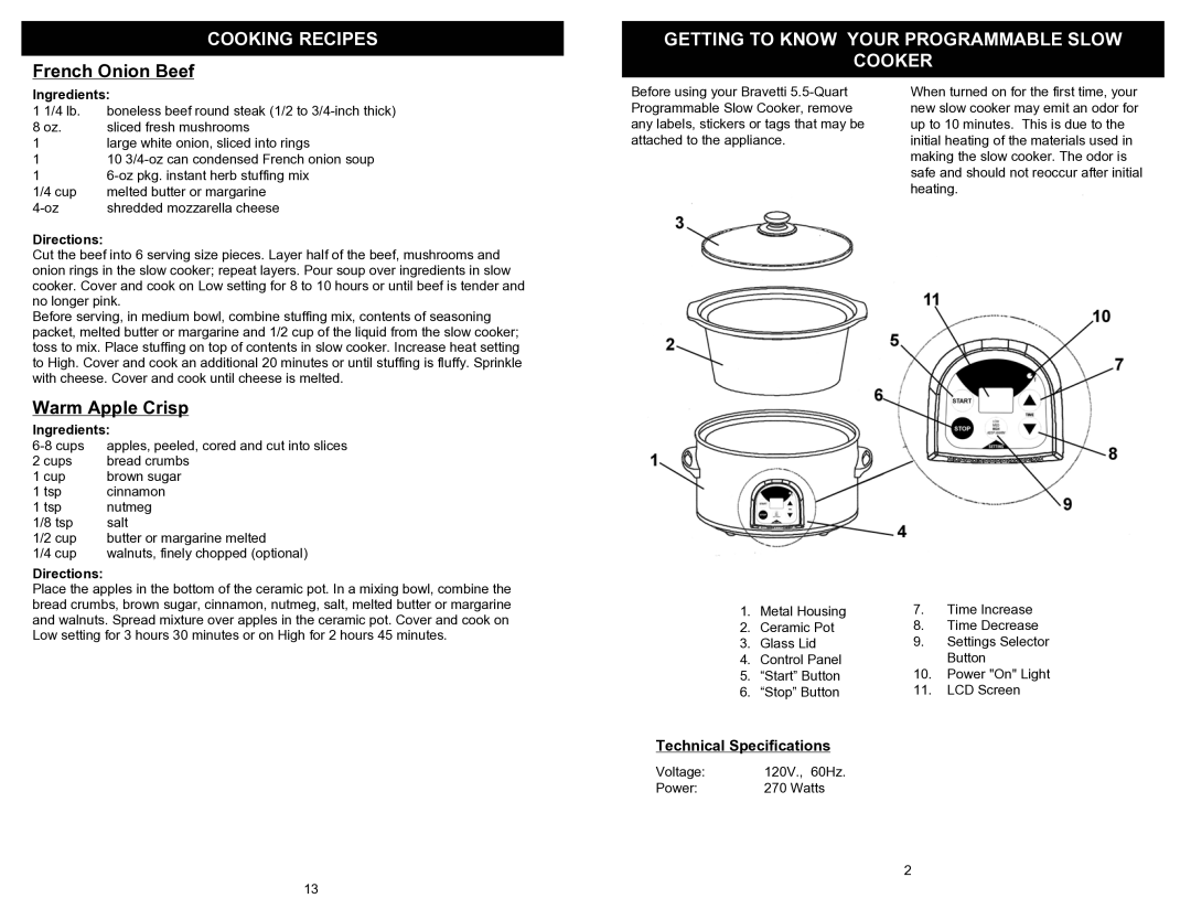 Bravetti KC274H Cooking Recipes, French Onion Beef, Getting to Know Your Programmable Slow Cooker, Warm Apple Crisp 