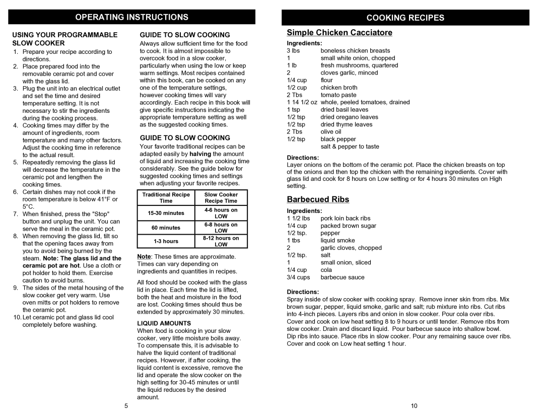 Bravetti KC274H Operating Instructions Cooking Recipes, Simple Chicken Cacciatore, Barbecued Ribs, Guide to Slow Cooking 