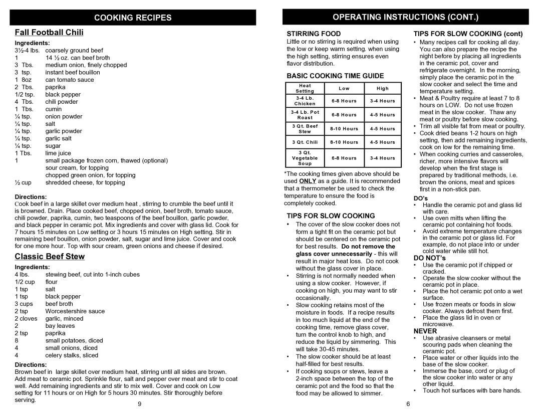 Bravetti KC274H owner manual Fall Football Chili, Classic Beef Stew 