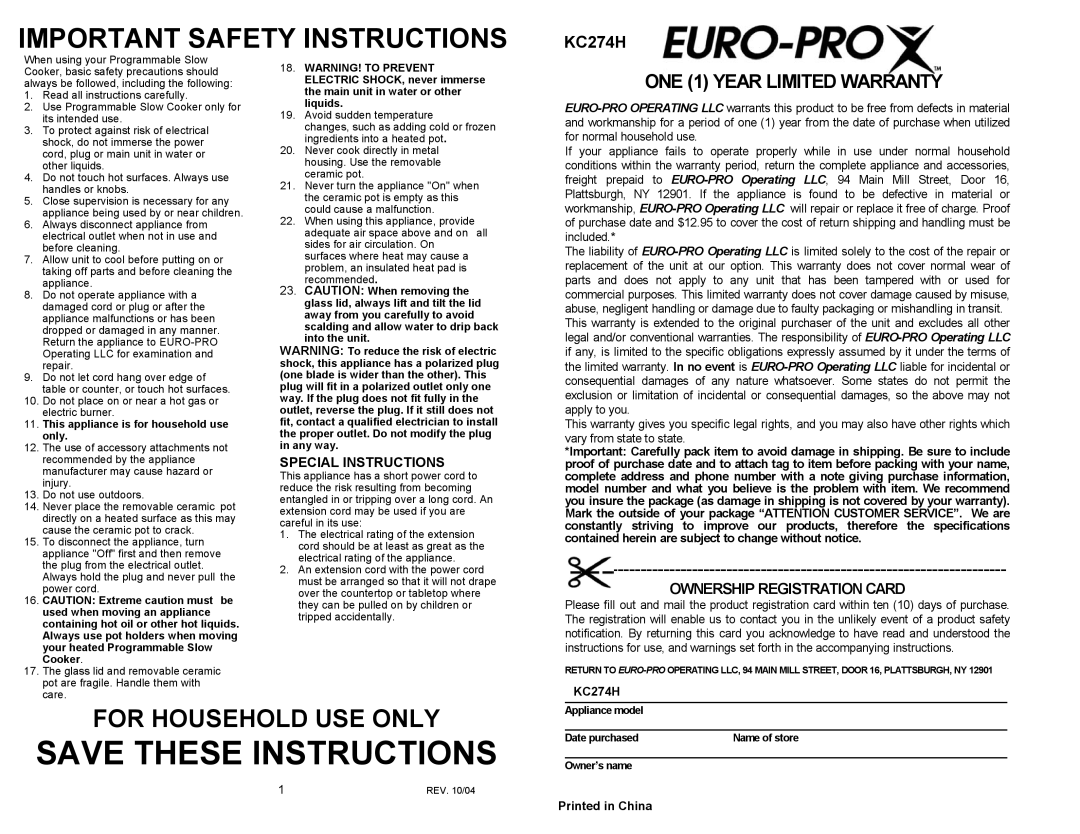 Bravetti KC274H Special Instructions, Save These Instructions, Important Safety Instructions, For Household Use Only 