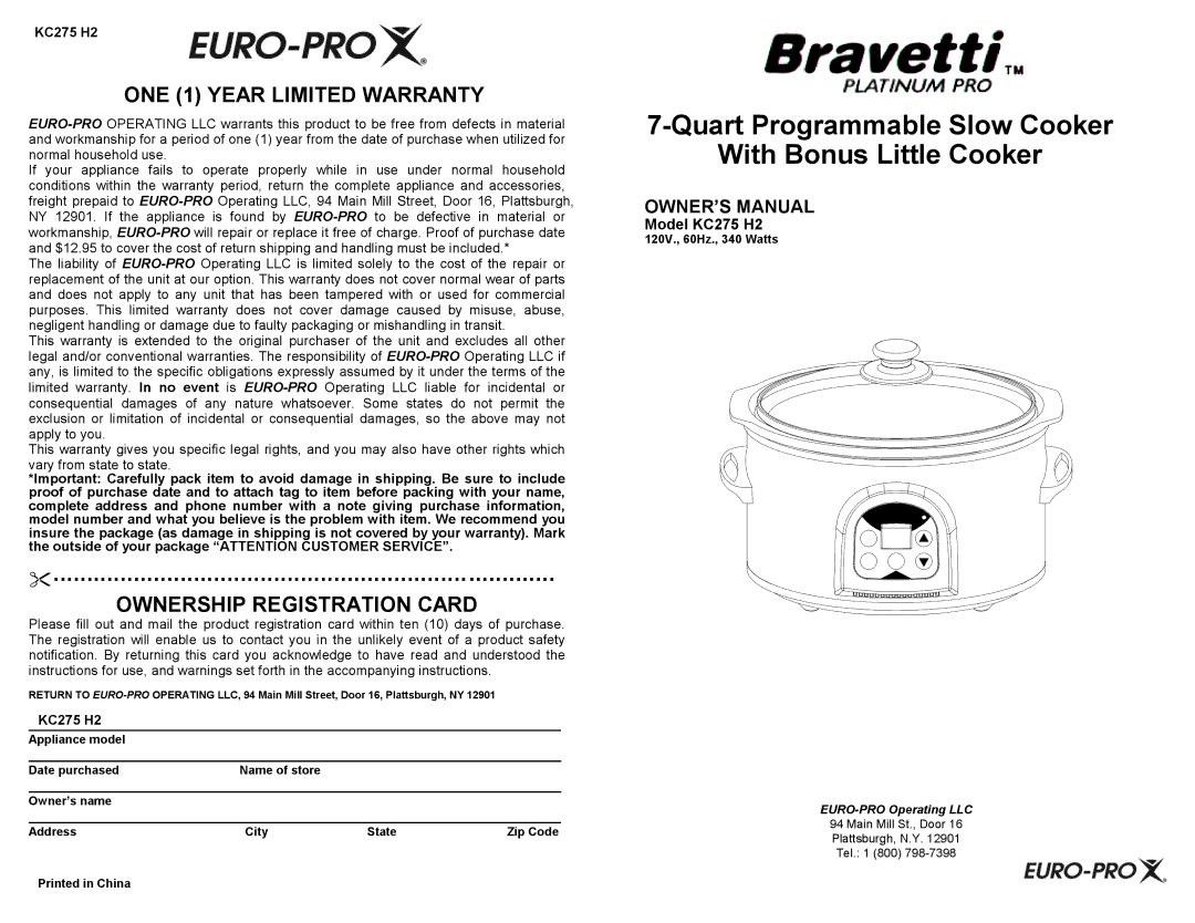 Bravetti owner manual Model KC275 H2 