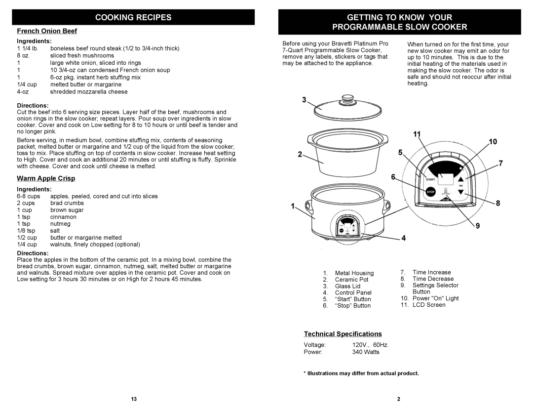 Bravetti KC275 H2 Cooking Recipes, Getting to Know Your Programmable Slow Cooker, French Onion Beef, Warm Apple Crisp 