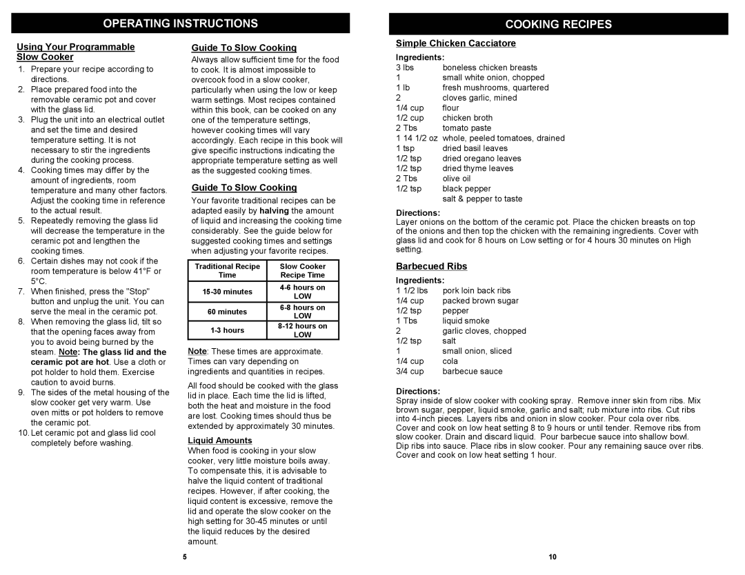 Bravetti KC275 H2 Operating Instructions Cooking Recipes, Using Your Programmable Slow Cooker, Guide To Slow Cooking 