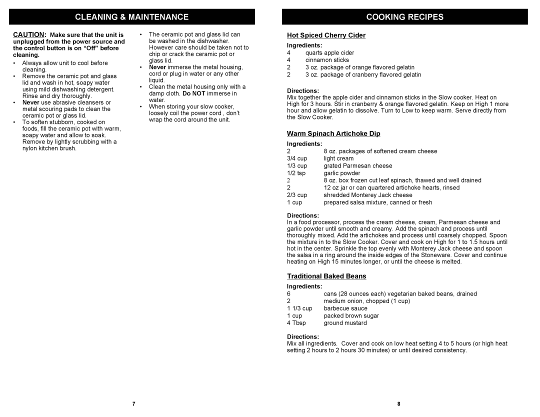 Bravetti KC275 H2 owner manual Cleaning & Maintenance Cooking Recipes, Hot Spiced Cherry Cider, Warm Spinach Artichoke Dip 