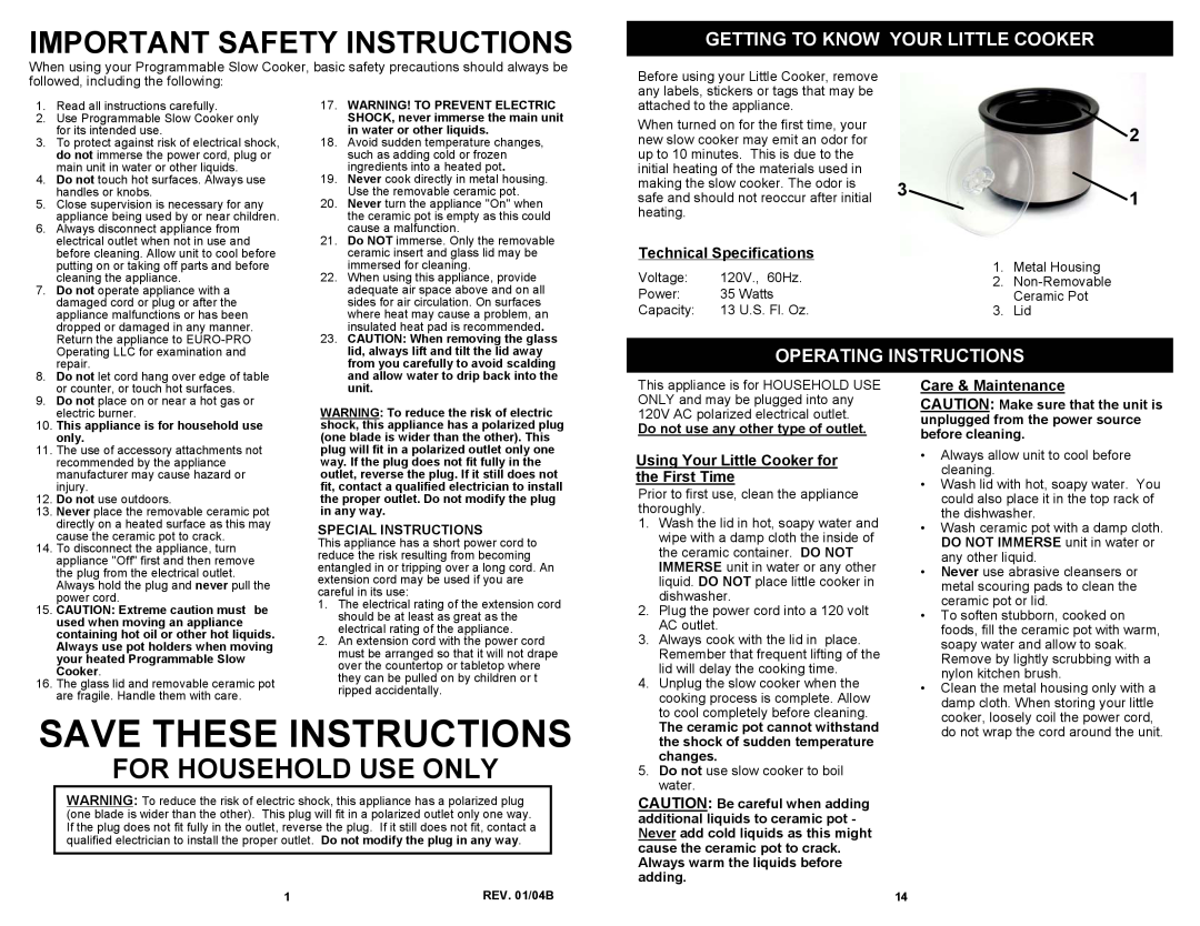 Bravetti KC275 H2 For Household Use Only, Getting To Know Your Little Cooker, Operating Instructions, Care & Maintenance 