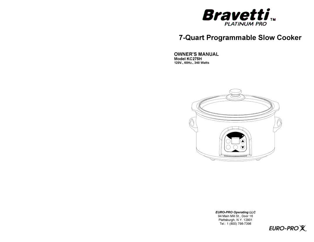 Bravetti owner manual Quart Programmable Slow Cooker, Model KC275H 