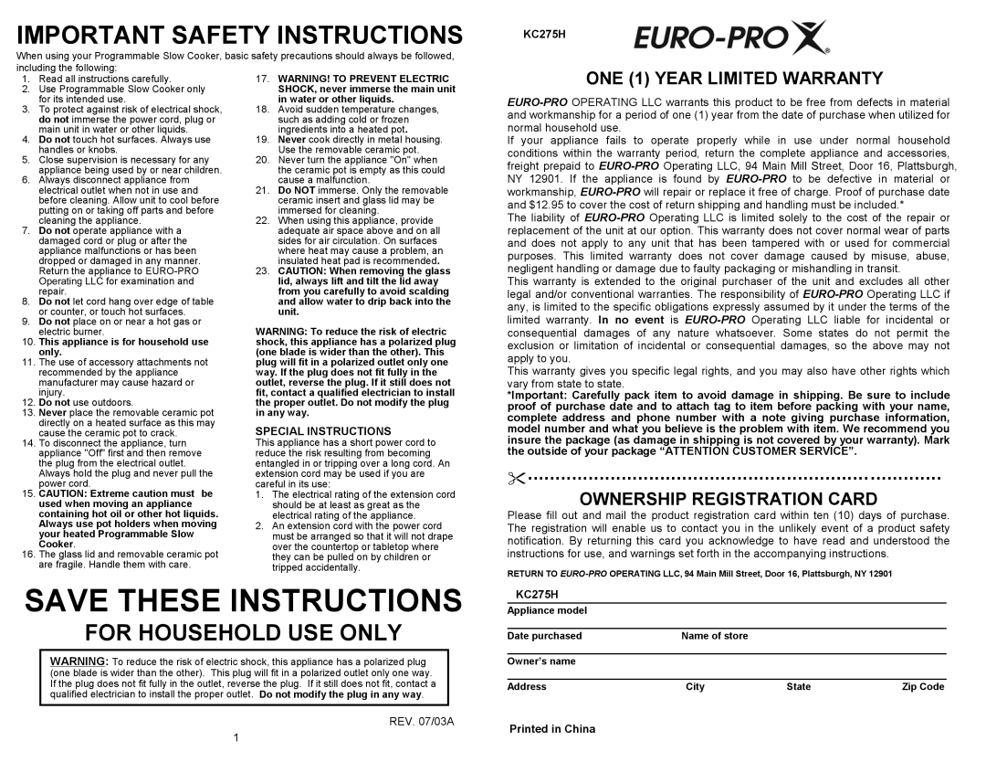 Bravetti KC275H owner manual Important Safety Instructions 