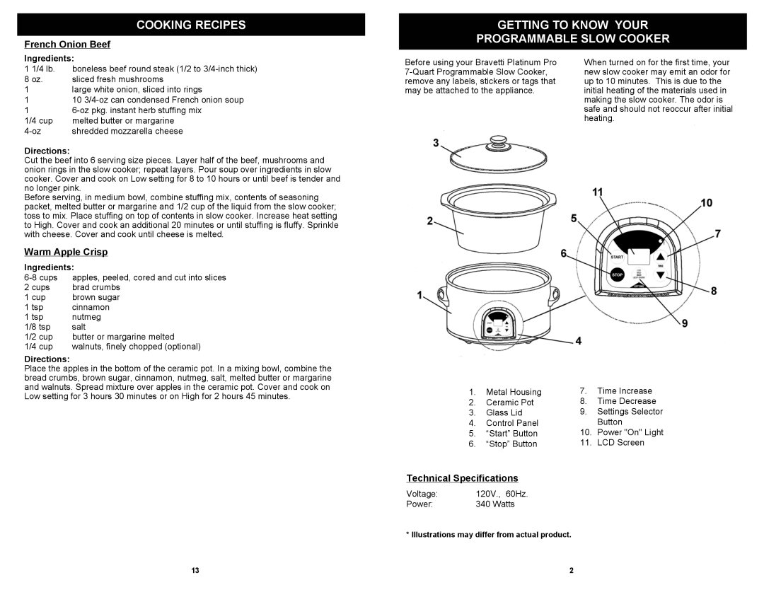 Bravetti KC275H Cooking Recipes, Getting to Know Your Programmable Slow Cooker, French Onion Beef, Warm Apple Crisp 