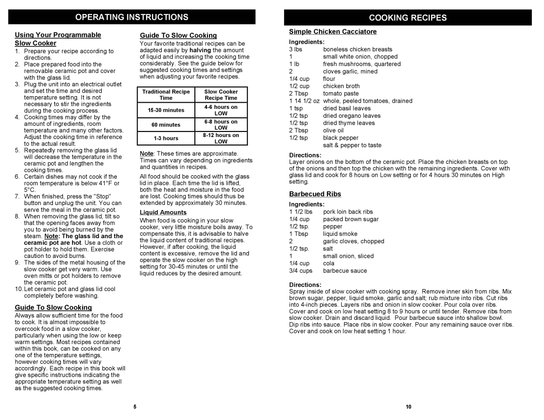 Bravetti KC275H Operating Instructions Cooking Recipes, Using Your Programmable Slow Cooker, Guide To Slow Cooking 