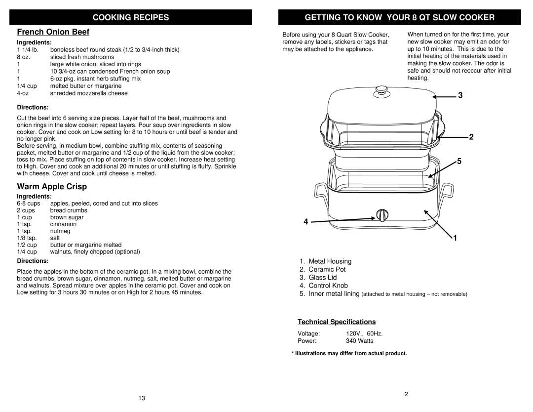 Bravetti KC281H owner manual Cooking Recipes Getting to Know Your 8 QT Slow Cooker, French Onion Beef, Warm Apple Crisp 