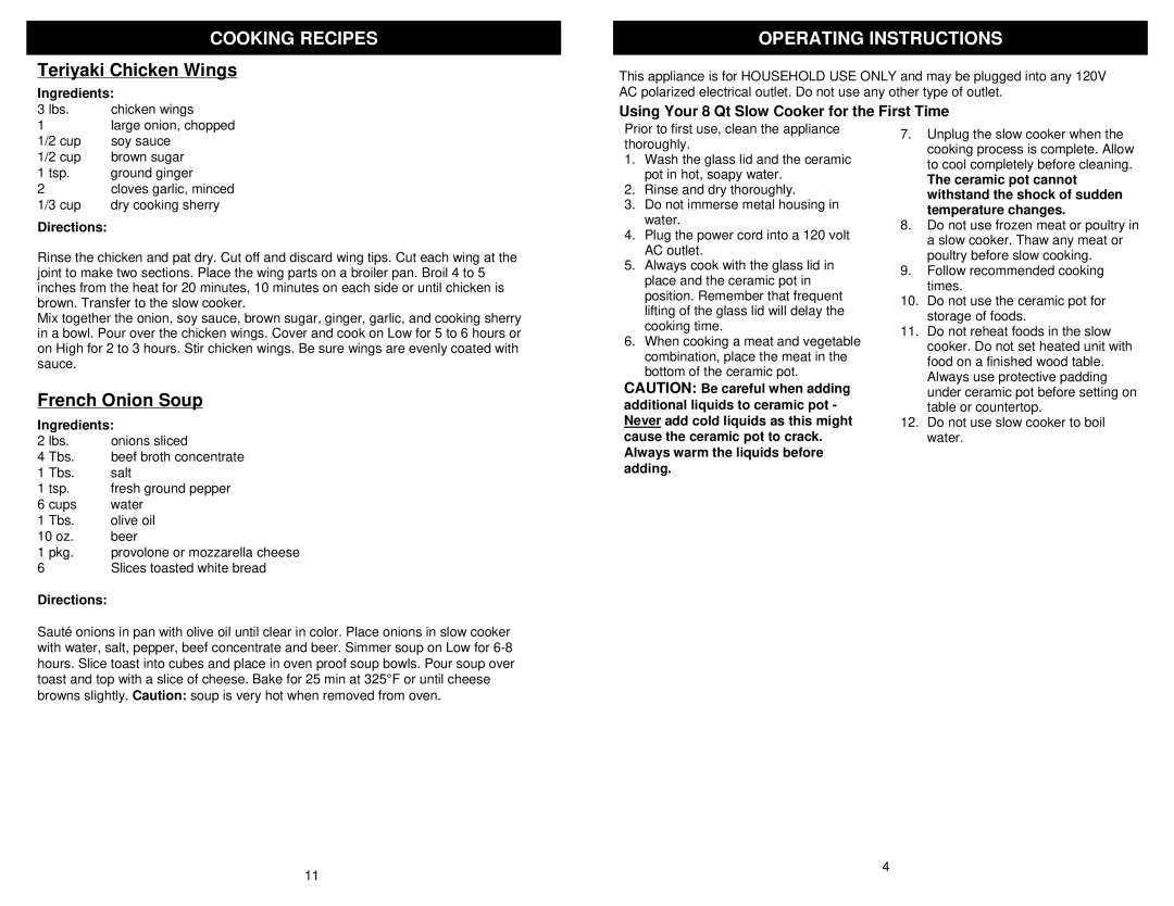 Bravetti KC281H owner manual Teriyaki Chicken Wings, Operating Instructions, French Onion Soup 