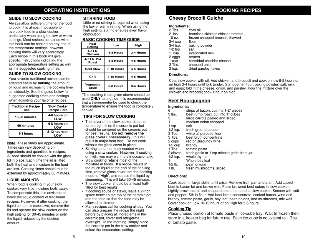 Bravetti KC281H owner manual Cheesy Brocolli Quiche, Beef Bourguignon 