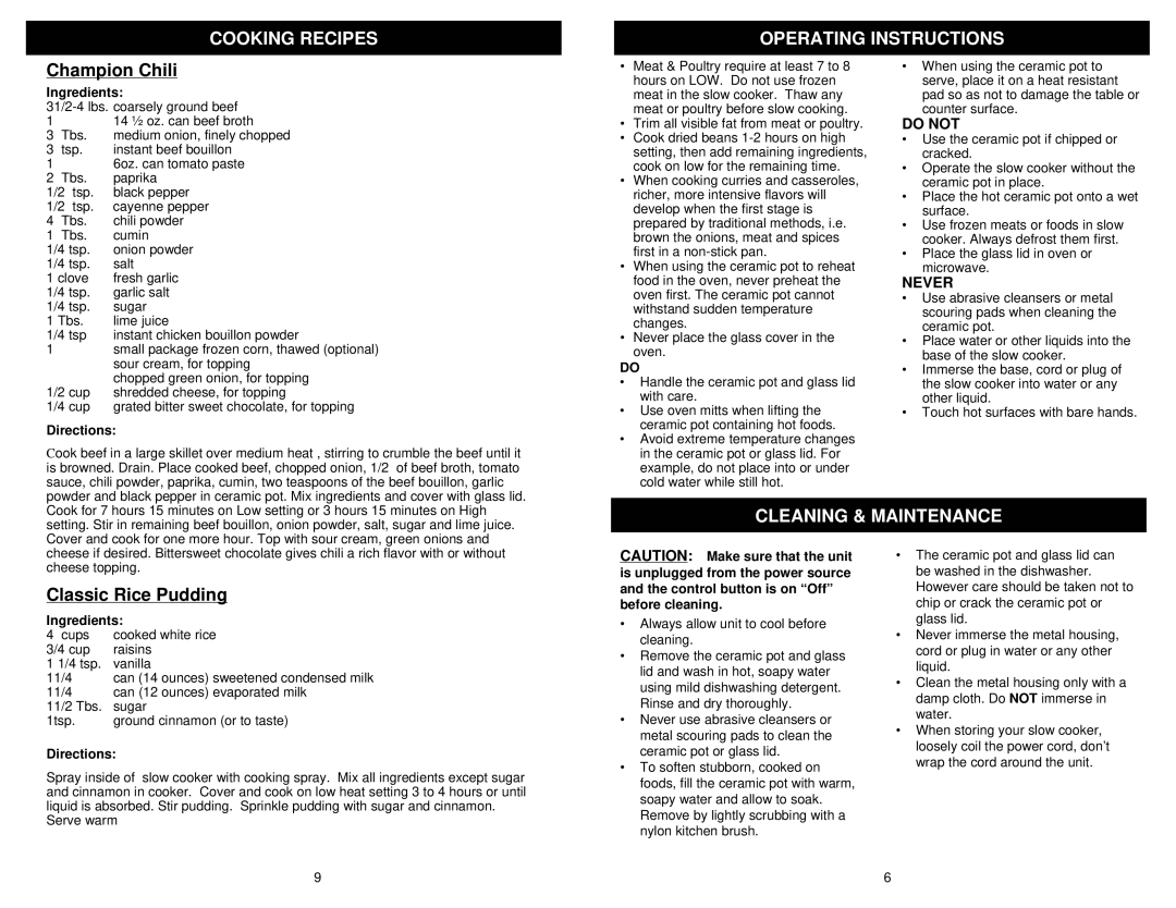 Bravetti KC281H Cooking Recipes Operating Instructions, Champion Chili, Cleaning & Maintenance, Classic Rice Pudding 