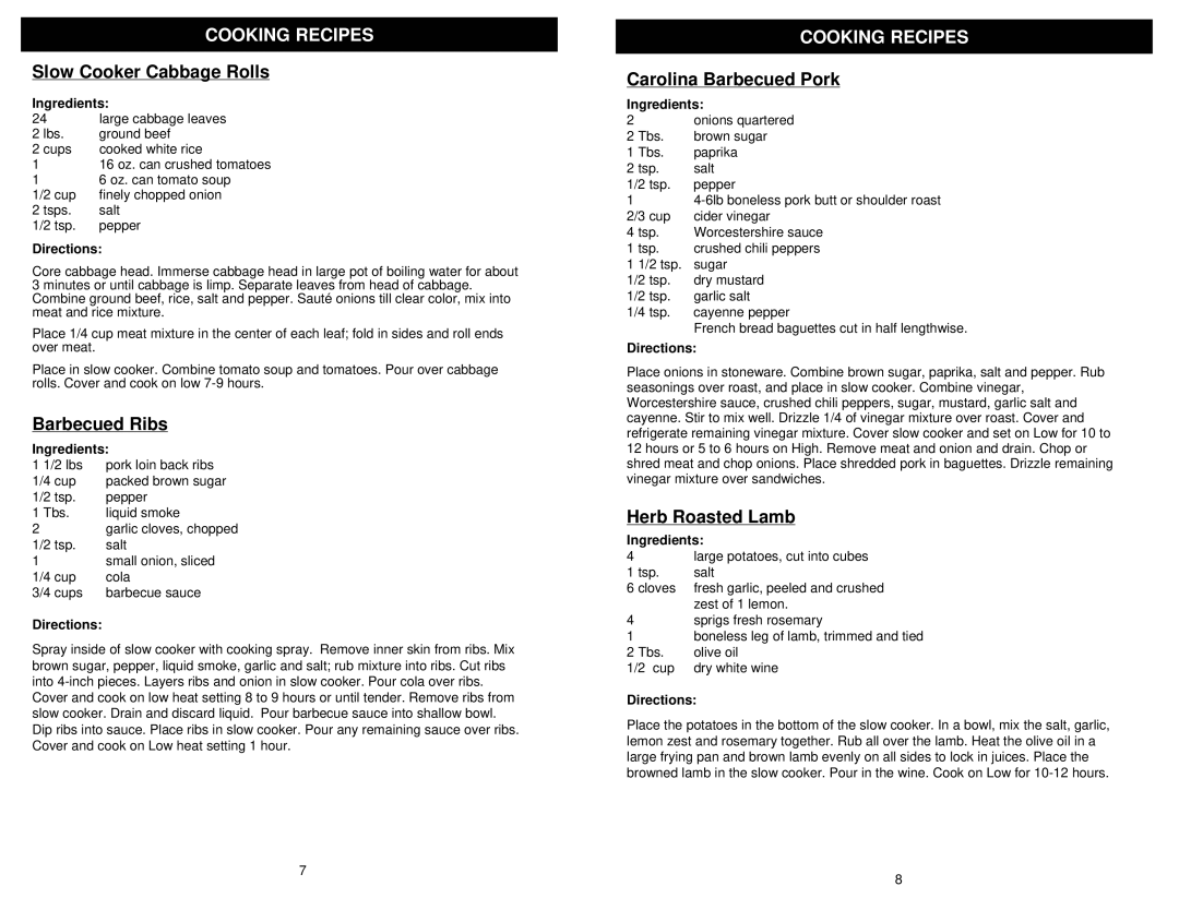 Bravetti KC281H owner manual Slow Cooker Cabbage Rolls, Barbecued Ribs, Carolina Barbecued Pork, Herb Roasted Lamb 