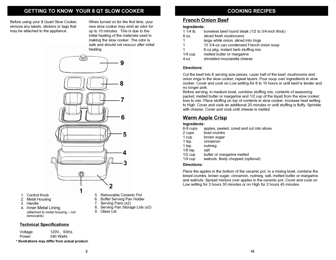 Bravetti KC281HB owner manual Getting to Know Your 8 QT Slow Cooker, Cooking Recipes, French Onion Beef, Warm Apple Crisp 